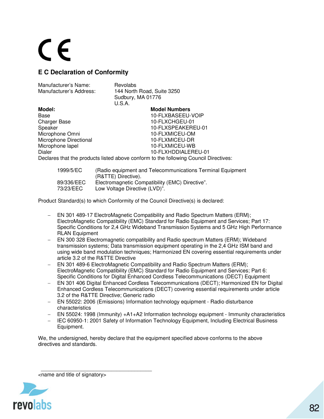 Revolabs 10-FLX2-200-VOIP 10-FLX2-020-VOIP 10-FLX2-002-VOIP 10-FLX2-101-VOIP manual Declaration of Conformity 