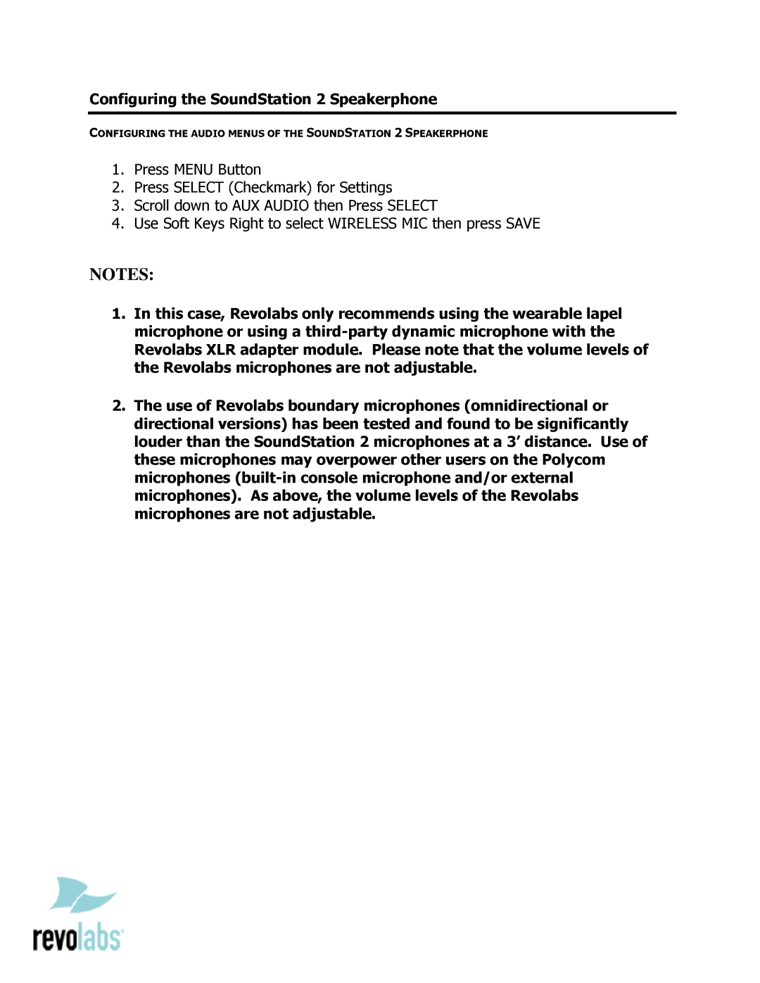 Revolabs setup guide Configuring the SoundStation 2 Speakerphone 