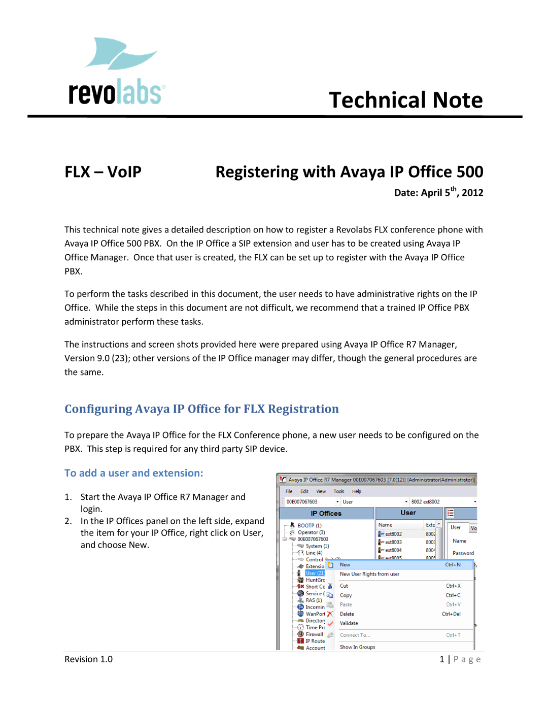 Revolabs 500 PBX manual Technical Note, Configuring Avaya IP Office for FLX Registration 