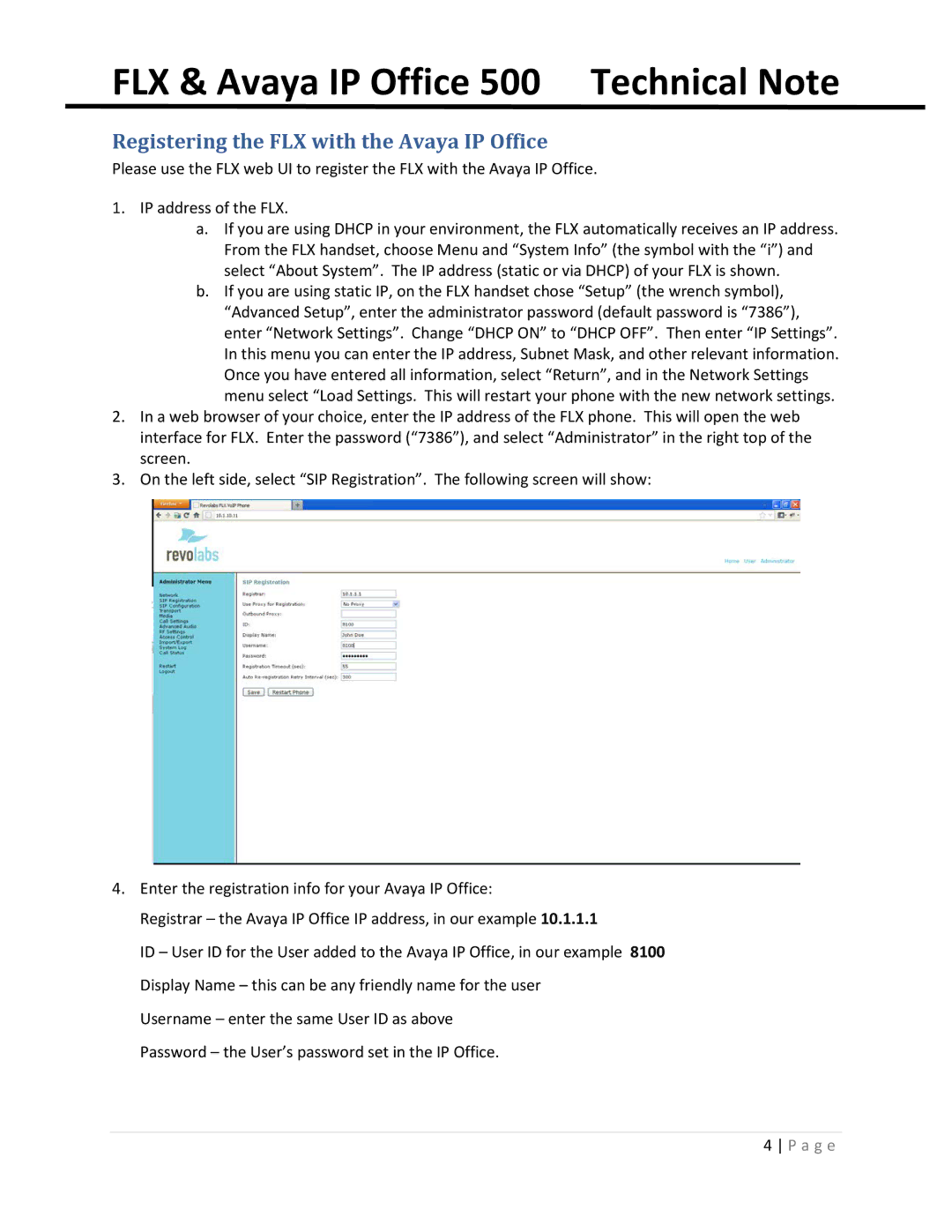 Revolabs 500 PBX manual Registering the FLX with the Avaya IP Office 