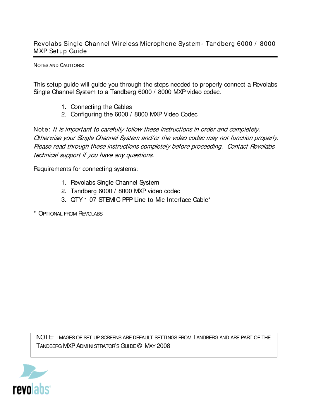 Revolabs Tandberg 6000, 8000 setup guide Optional from Revolabs 