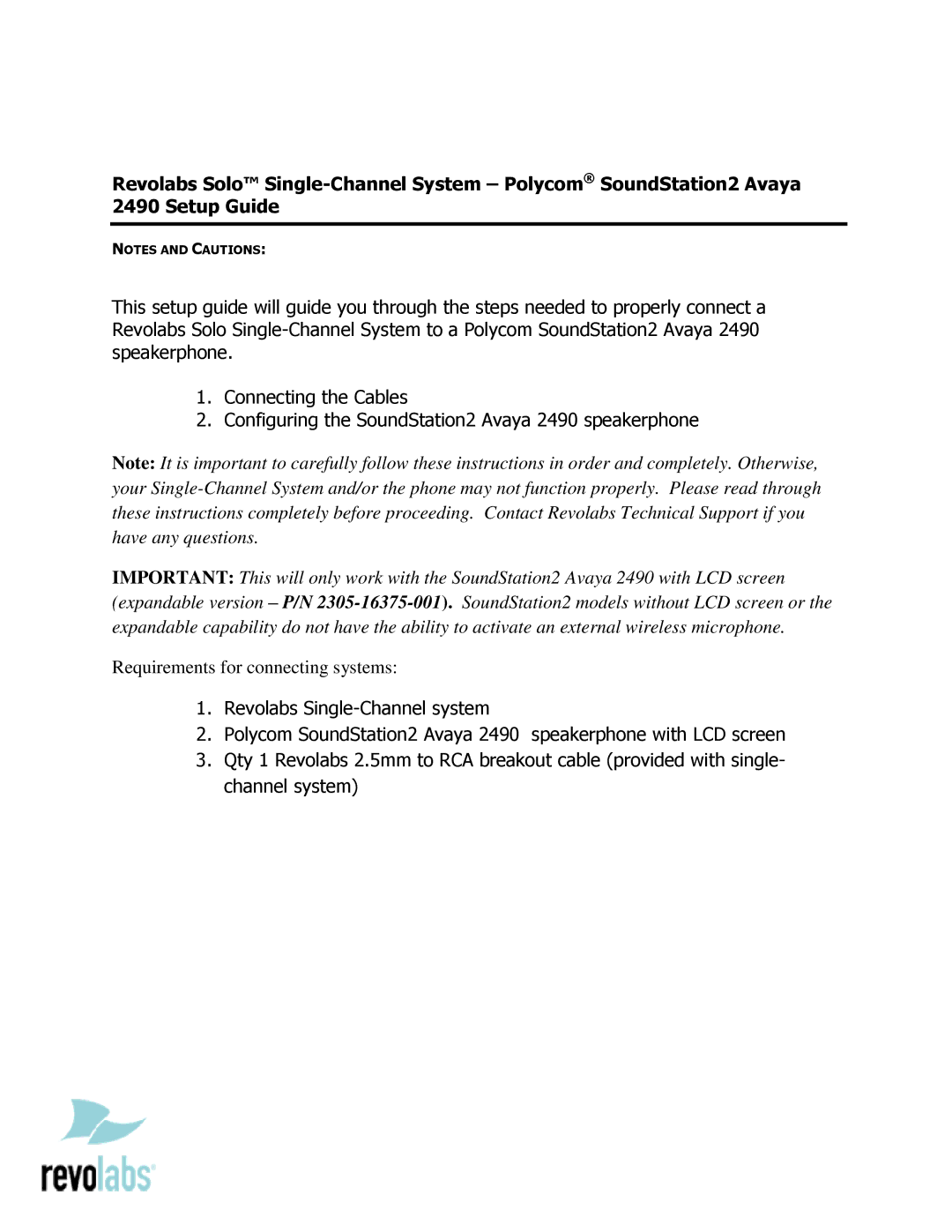 Revolabs AVAYA 2490 setup guide Requirements for connecting systems 