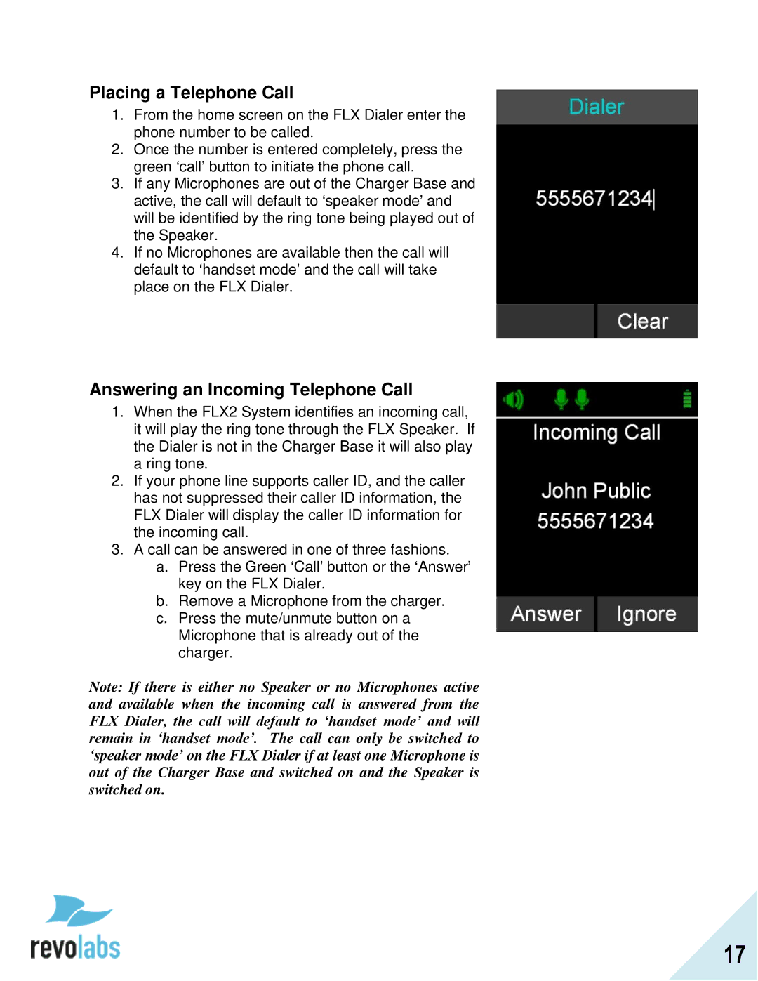 Revolabs FLX2 manual Placing a Telephone Call, Answering an Incoming Telephone Call 