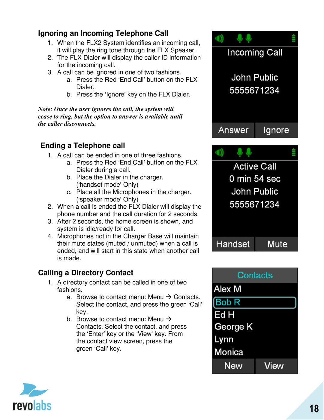 Revolabs FLX2 manual Ignoring an Incoming Telephone Call, Ending a Telephone call, Calling a Directory Contact 