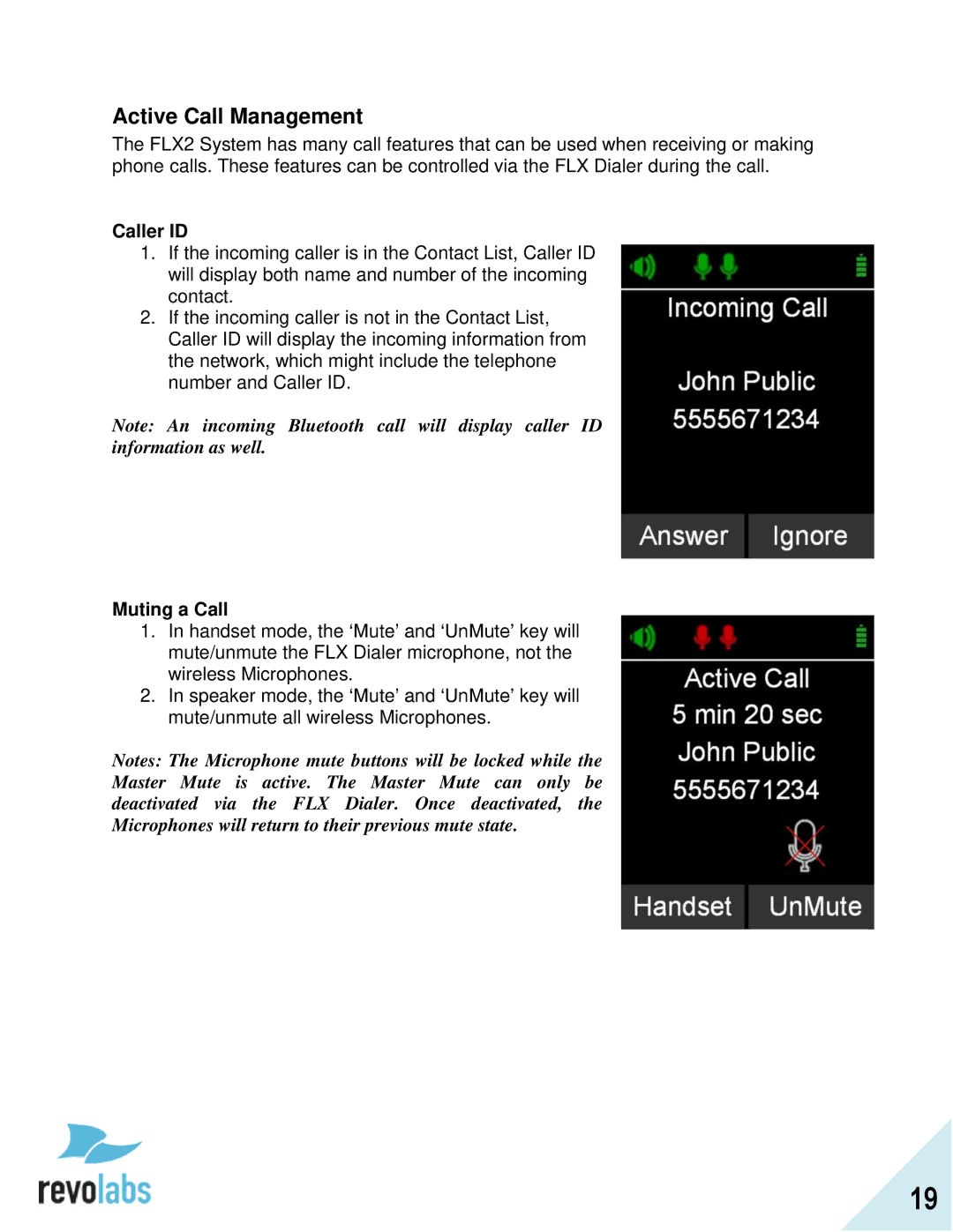 Revolabs FLX2 manual Active Call Management, Caller ID, Muting a Call 