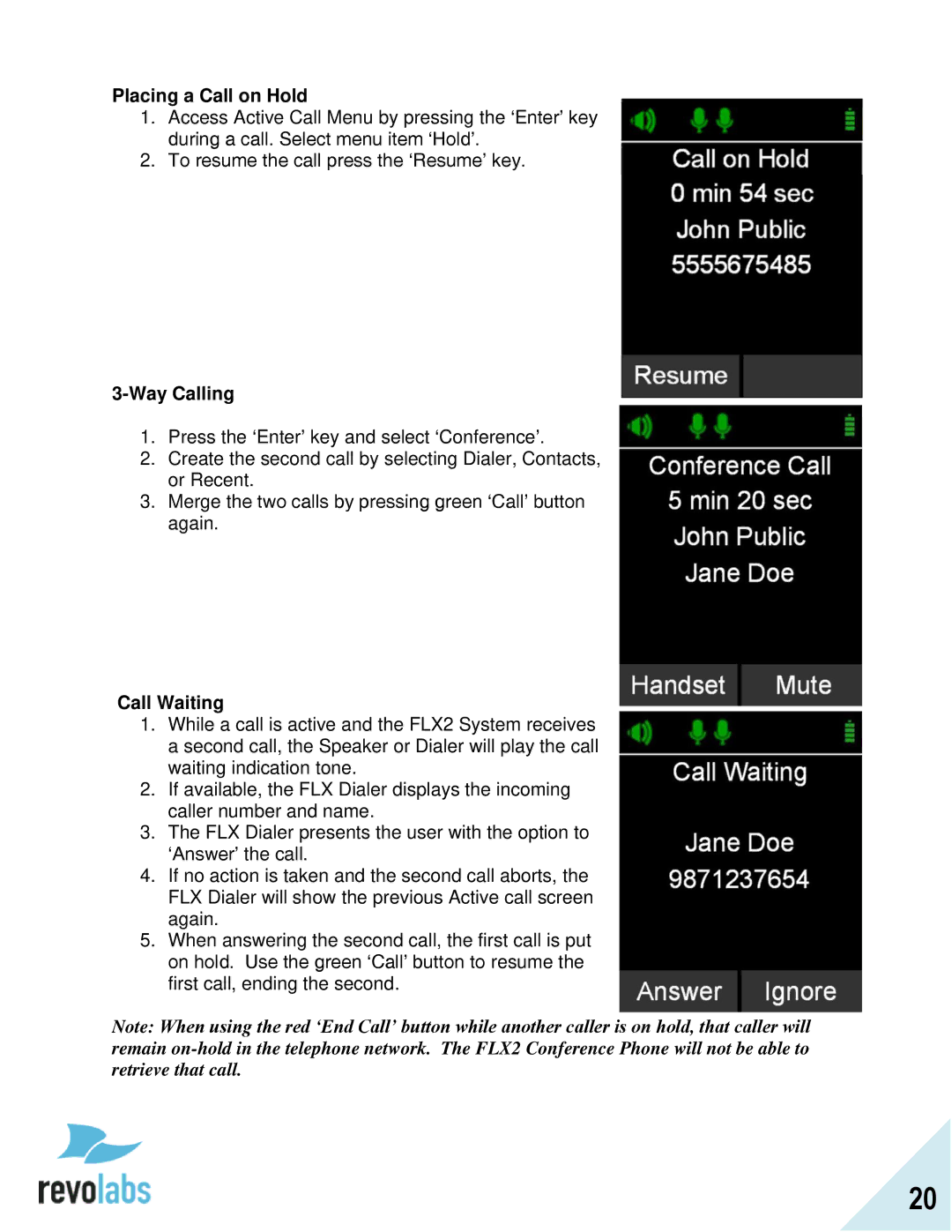 Revolabs FLX2 manual Placing a Call on Hold, Way Calling, Call Waiting 