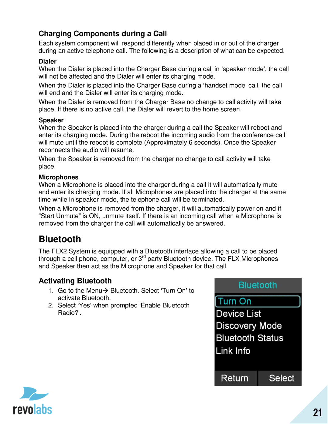 Revolabs FLX2 manual Charging Components during a Call, Activating Bluetooth 