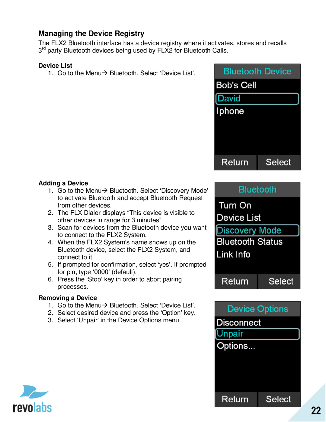 Revolabs FLX2 manual Managing the Device Registry, Device List, Adding a Device, Removing a Device 