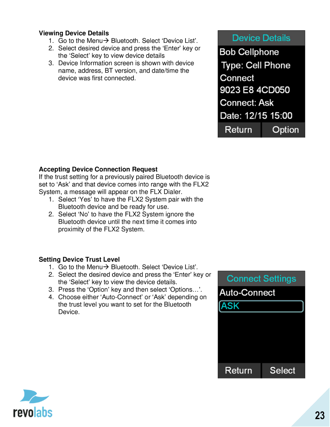 Revolabs FLX2 manual Viewing Device Details, Accepting Device Connection Request, Setting Device Trust Level 