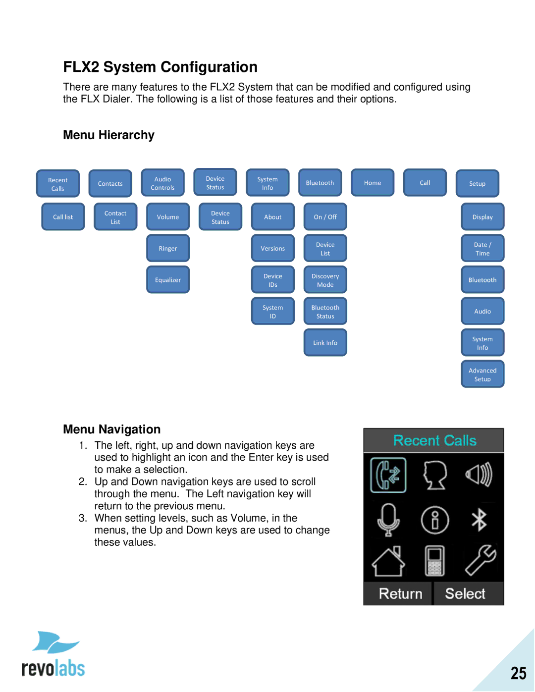 Revolabs manual FLX2 System Configuration, Menu Hierarchy, Menu Navigation 