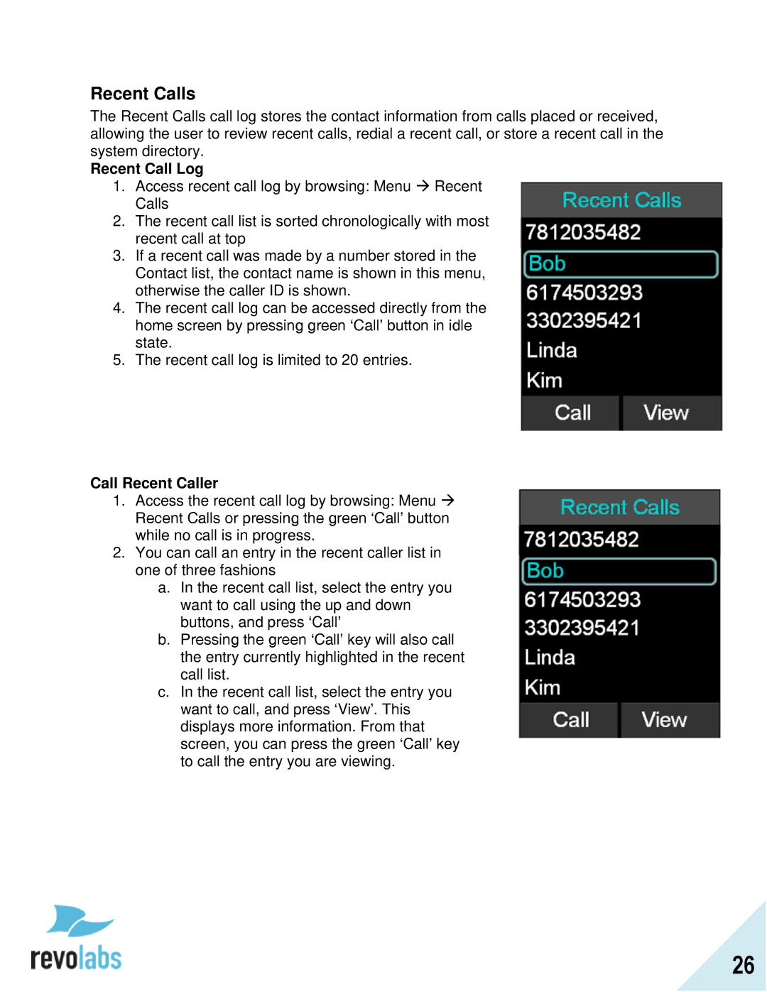 Revolabs FLX2 manual Recent Calls, Recent Call Log, Call Recent Caller 