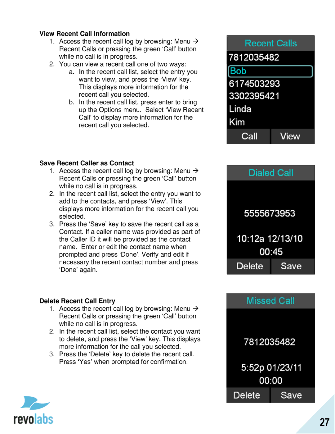 Revolabs FLX2 manual View Recent Call Information, Save Recent Caller as Contact, Delete Recent Call Entry 