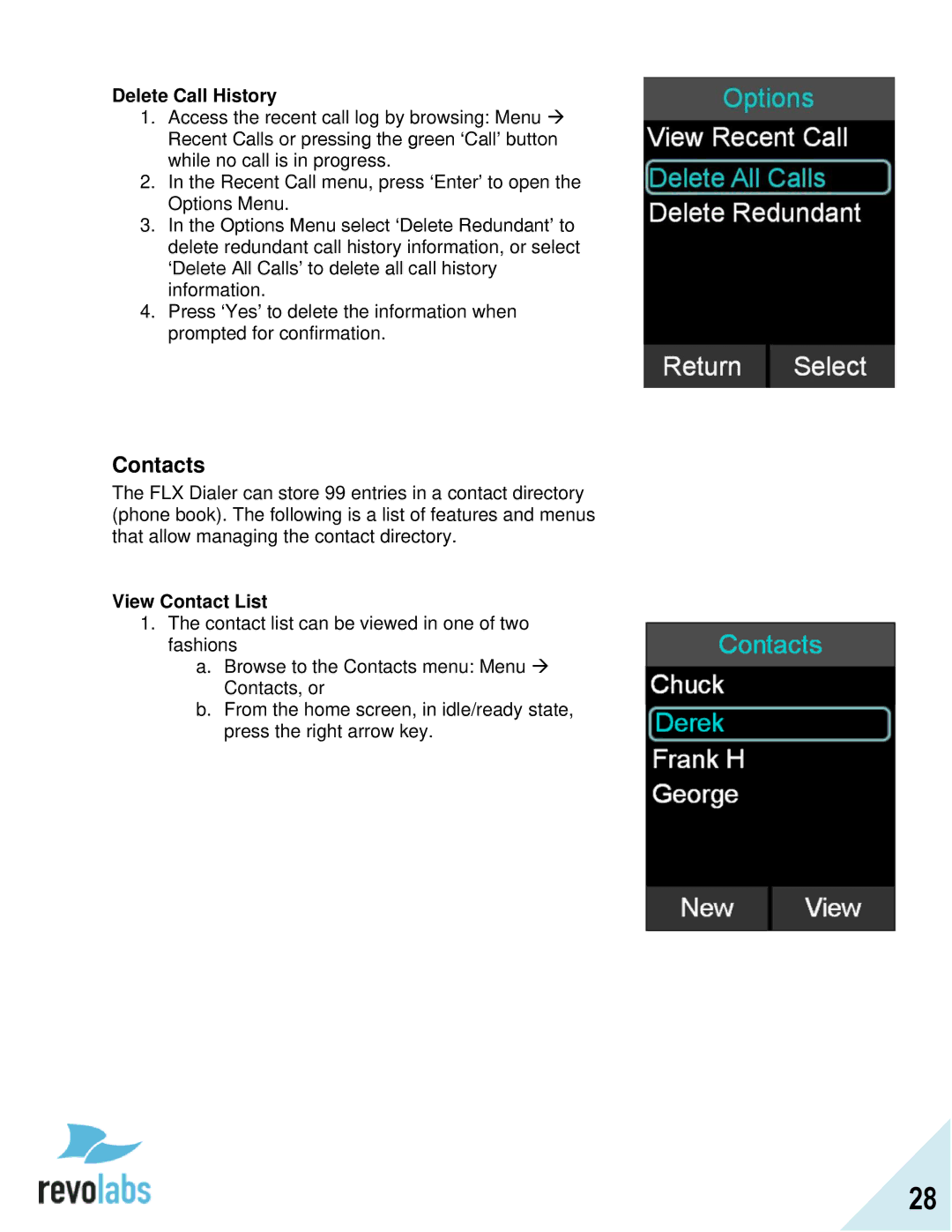 Revolabs FLX2 manual Contacts, Delete Call History, View Contact List 