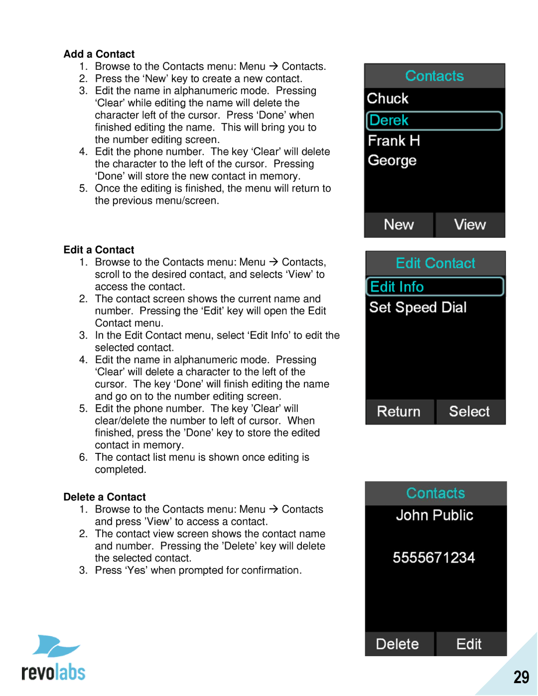 Revolabs FLX2 manual Add a Contact, Edit a Contact, Delete a Contact 