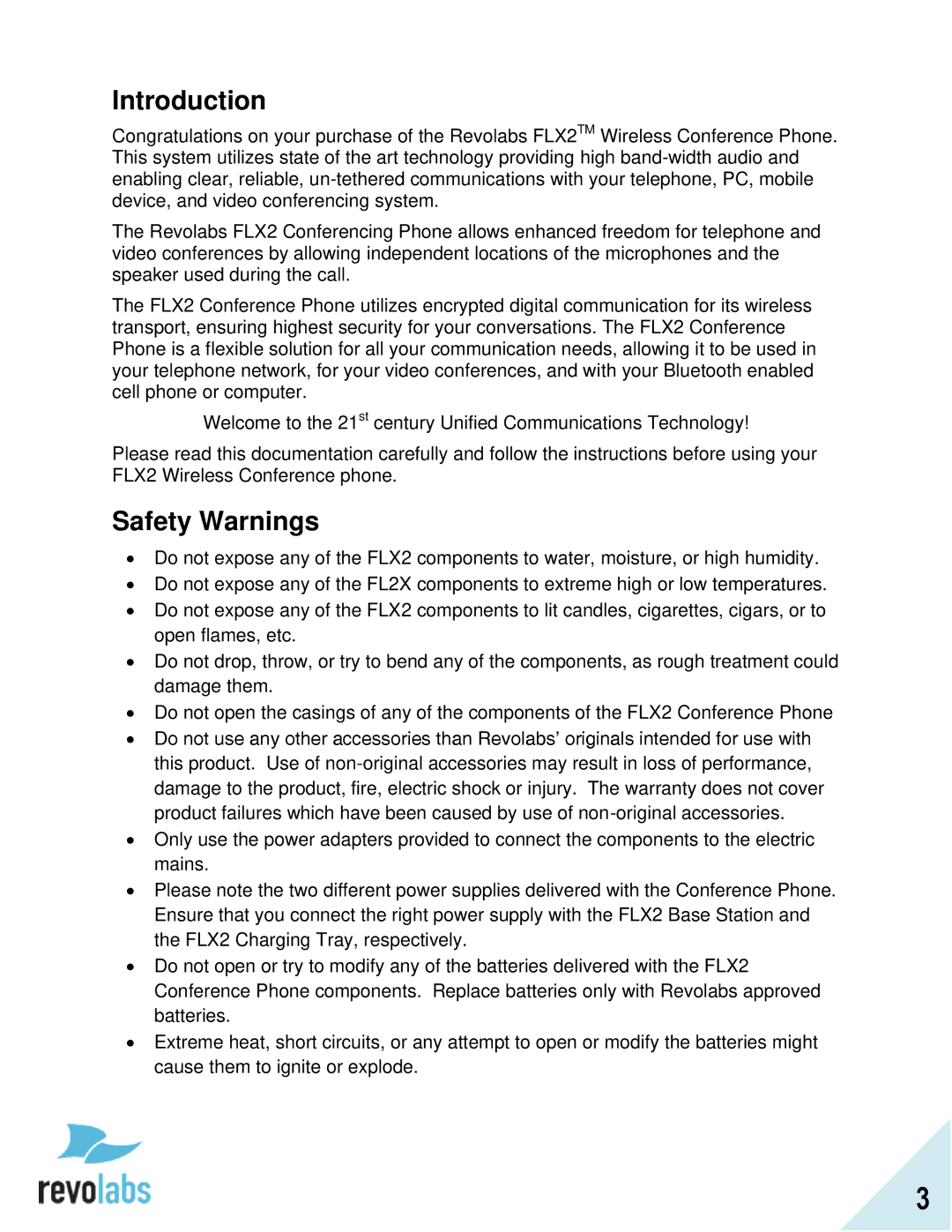 Revolabs FLX2 manual Introduction, Safety Warnings 