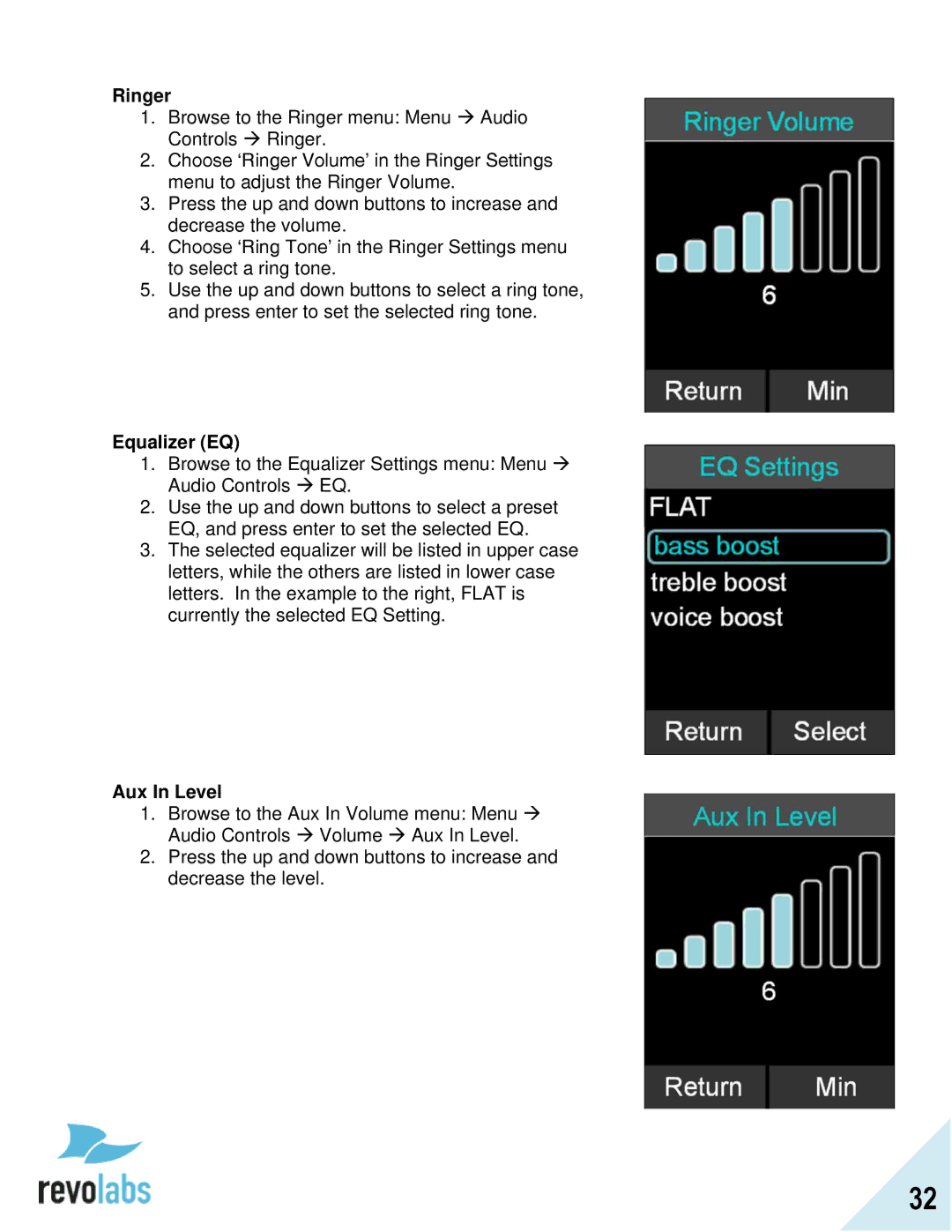 Revolabs FLX2 manual Ringer, Equalizer EQ, Aux In Level 