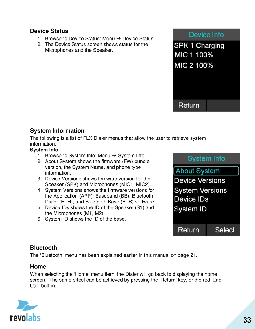 Revolabs FLX2 manual Device Status, System Information, Bluetooth, Home 