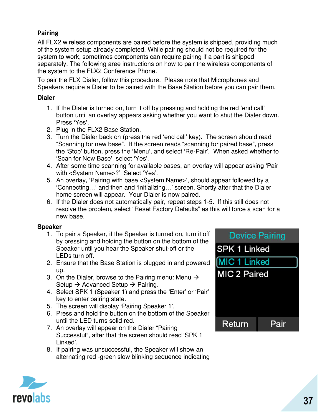 Revolabs FLX2 manual Pairing 