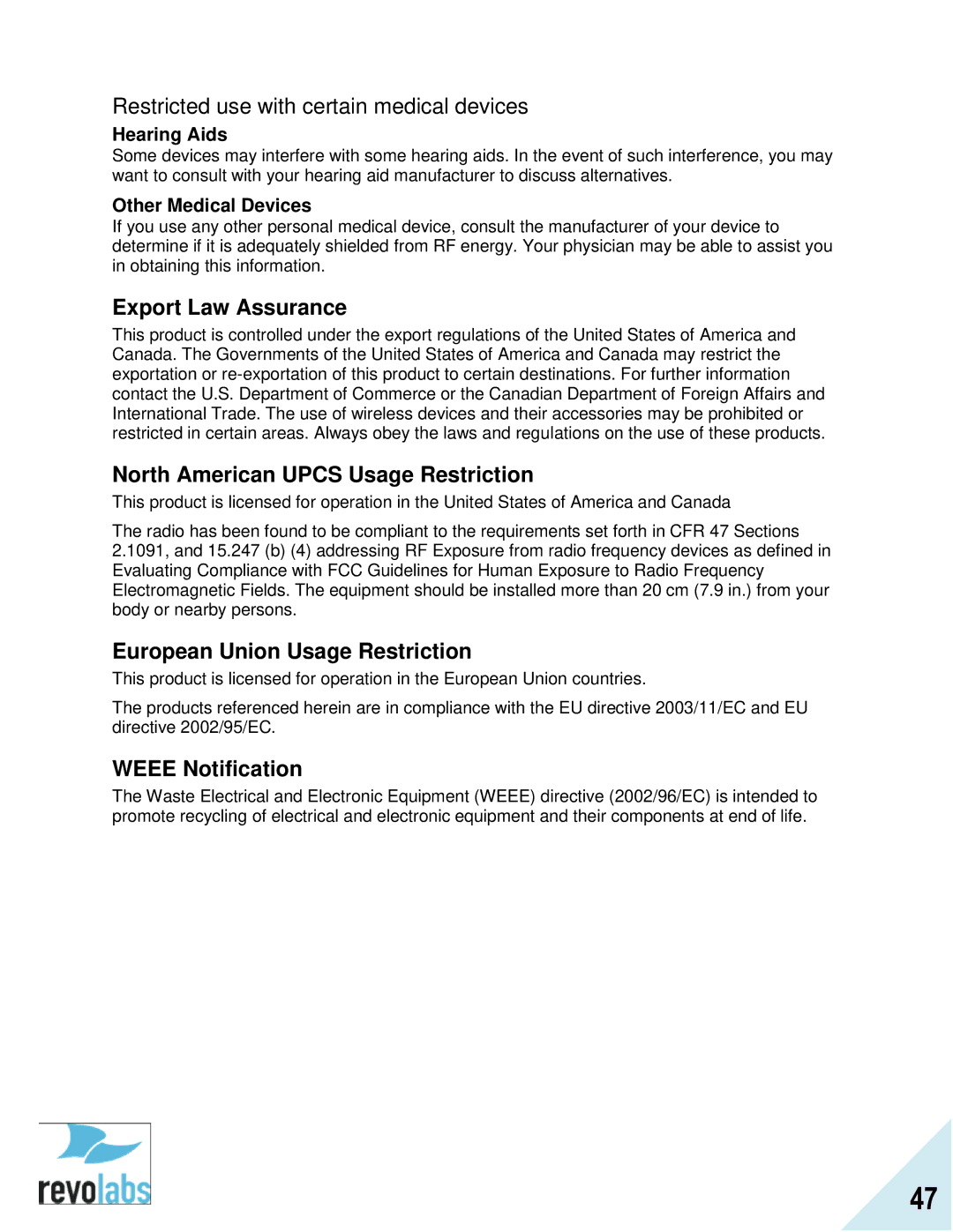 Revolabs FLX2 manual Export Law Assurance, North American Upcs Usage Restriction, European Union Usage Restriction 