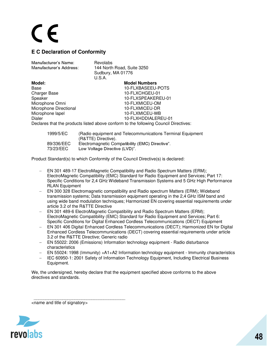 Revolabs FLX2 manual Declaration of Conformity, Model Model Numbers 