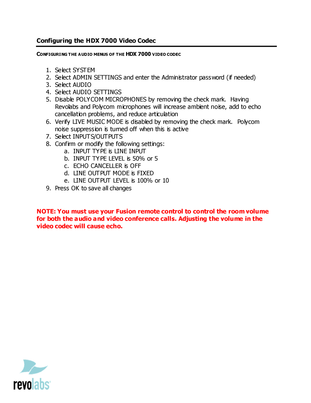 Revolabs setup guide Configuring the HDX 7000 Video Codec 