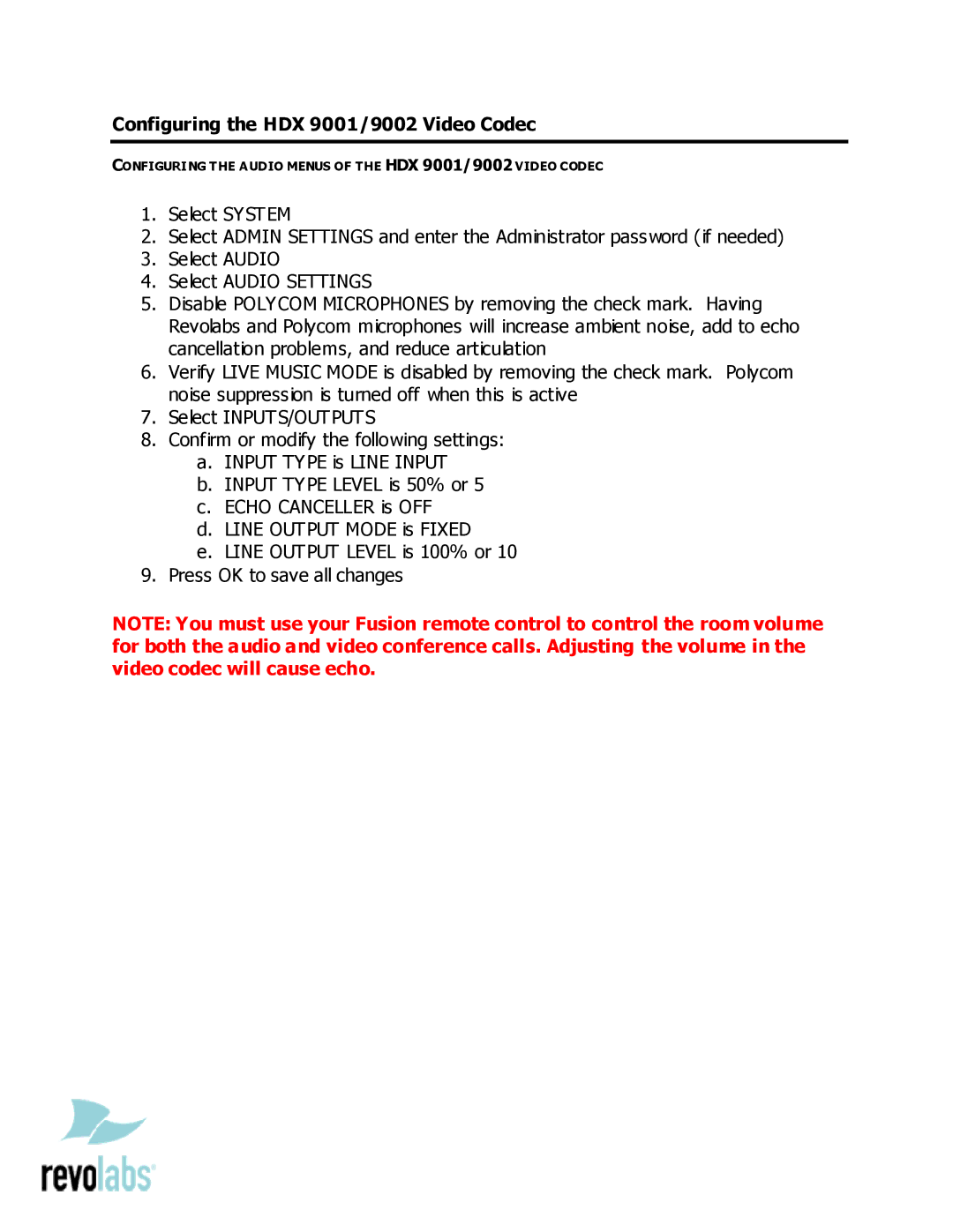 Revolabs HDX 9002 setup guide Configuring the HDX 9001/9002 Video Codec 