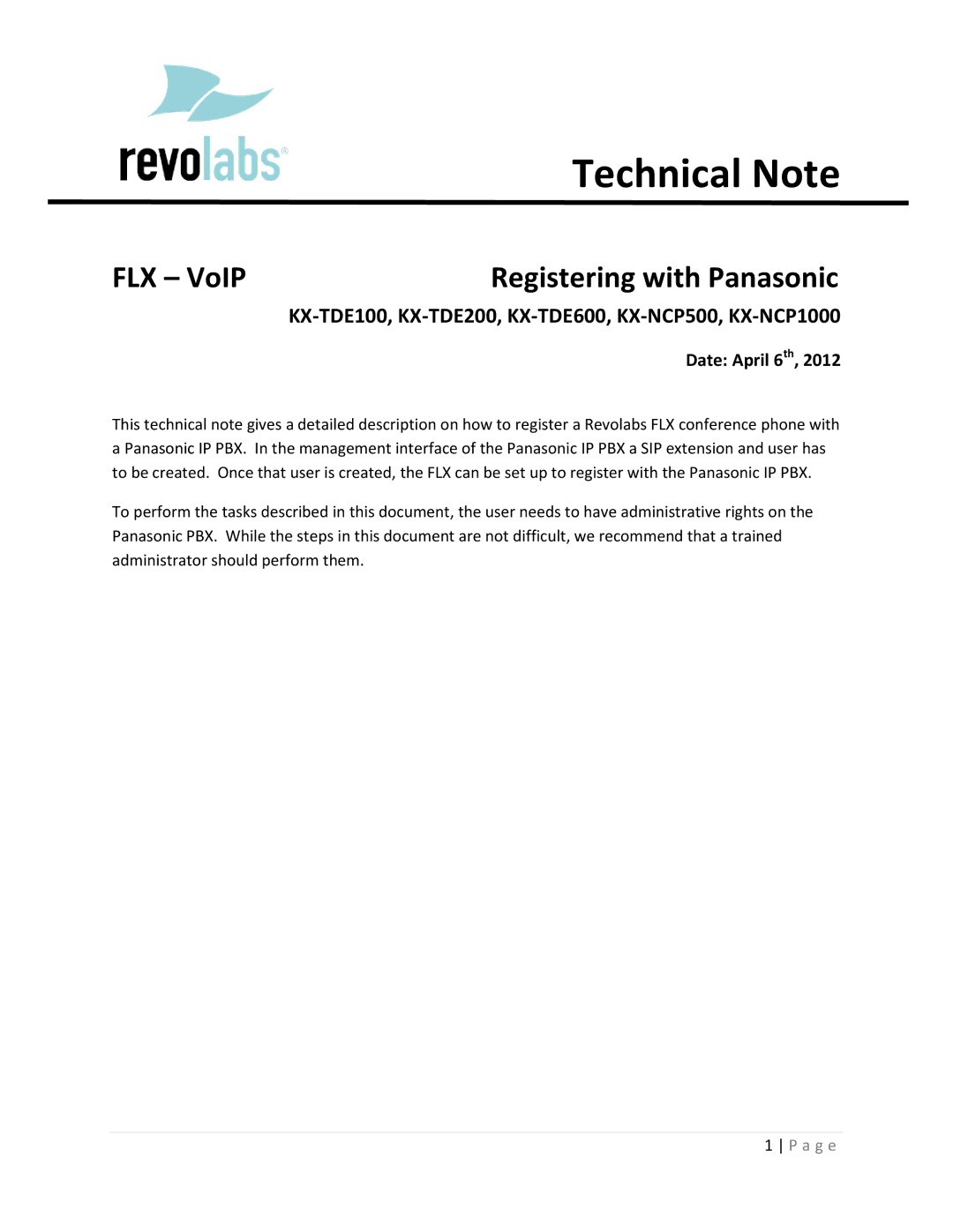 Revolabs KX-TDE200, KX-TDE100, KX-TDE600, KX-NCP500, KX-NCP1000 manual Technical Note, FLX VoIP Registering with Panasonic 