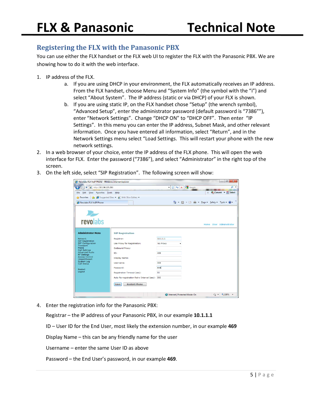 Revolabs KX-TDE100, KX-TDE200, KX-TDE600, KX-NCP500, KX-NCP1000 manual Registering the FLX with the Panasonic PBX 