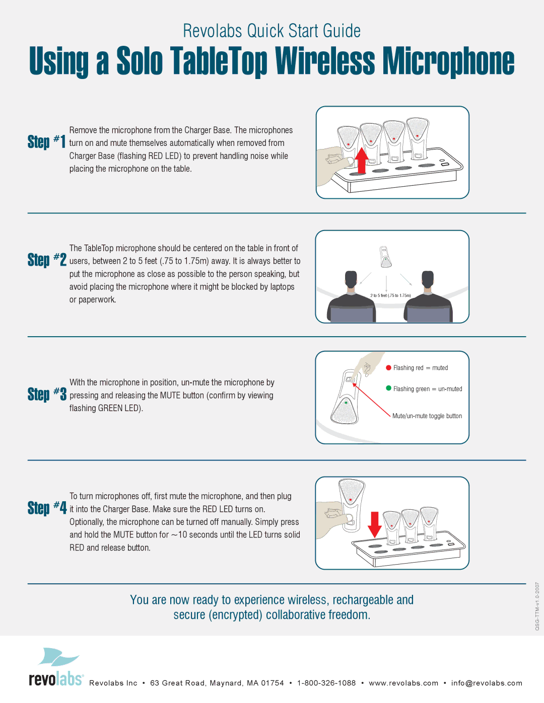 Revolabs QSG-TTM quick start Using a Solo TableTop Wireless Microphone, Step, Flashing Green LED 