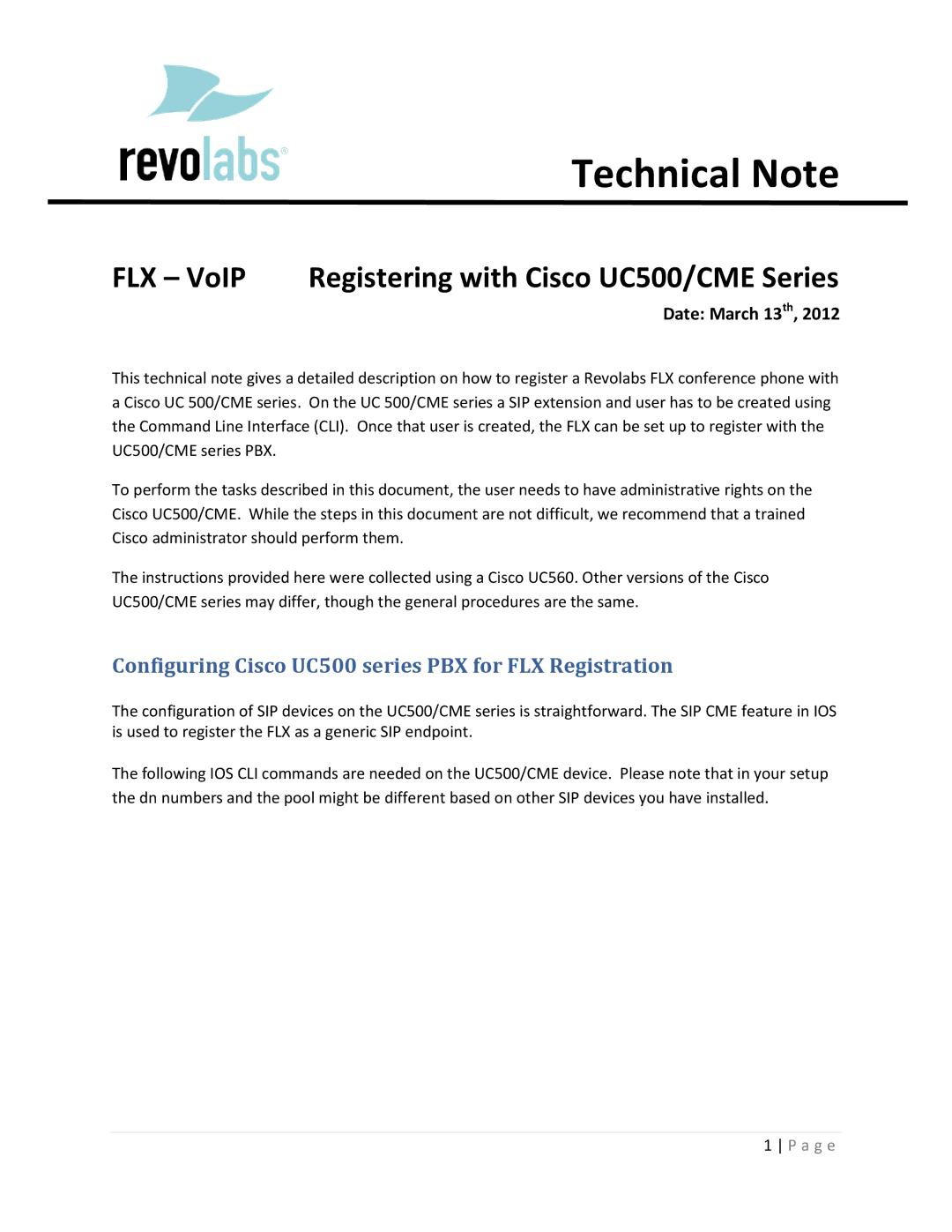 Revolabs cme series, uc500 manual Technical Note, Configuring Cisco UC500 series PBX for FLX Registration 