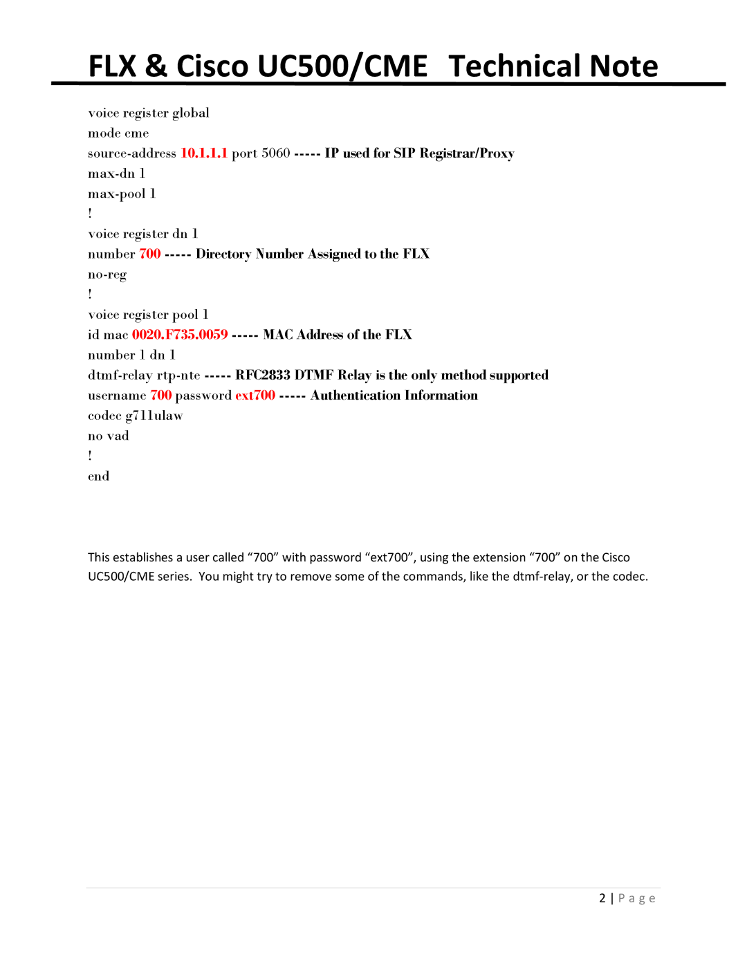 Revolabs uc500, cme series manual FLX & Cisco UC500/CME Technical Note, Codec g711ulaw no vad End 