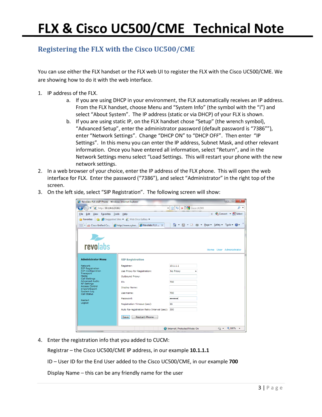 Revolabs cme series, uc500 manual Registering the FLX with the Cisco UC500/CME 