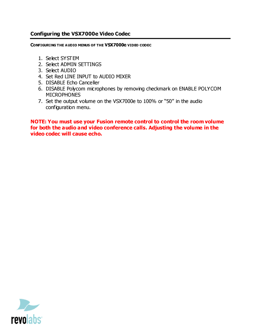 Revolabs setup guide Configuring the VSX7000e Video Codec 