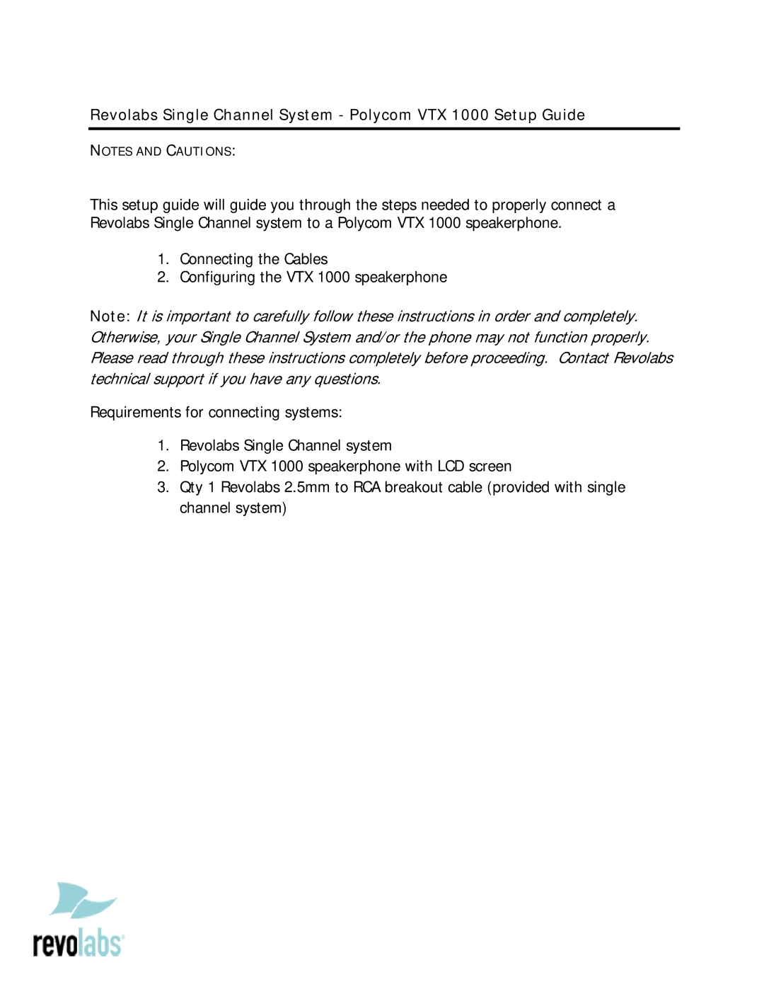 Revolabs setup guide Revolabs Single Channel System Polycom VTX 1000 Setup Guide 