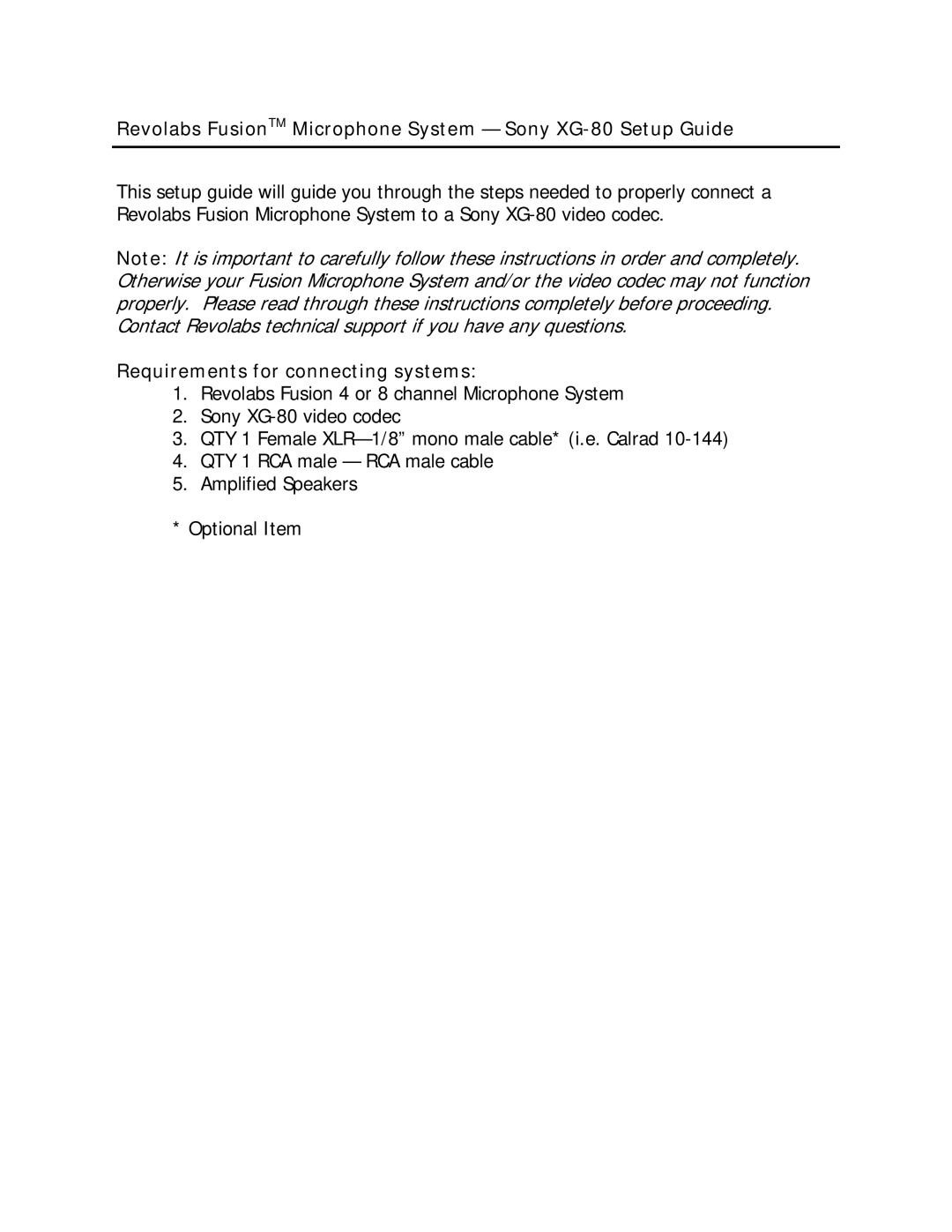 Revolabs setup guide Revolabs FusionTM Microphone System Sony XG-80 Setup Guide, Requirements for connecting systems 