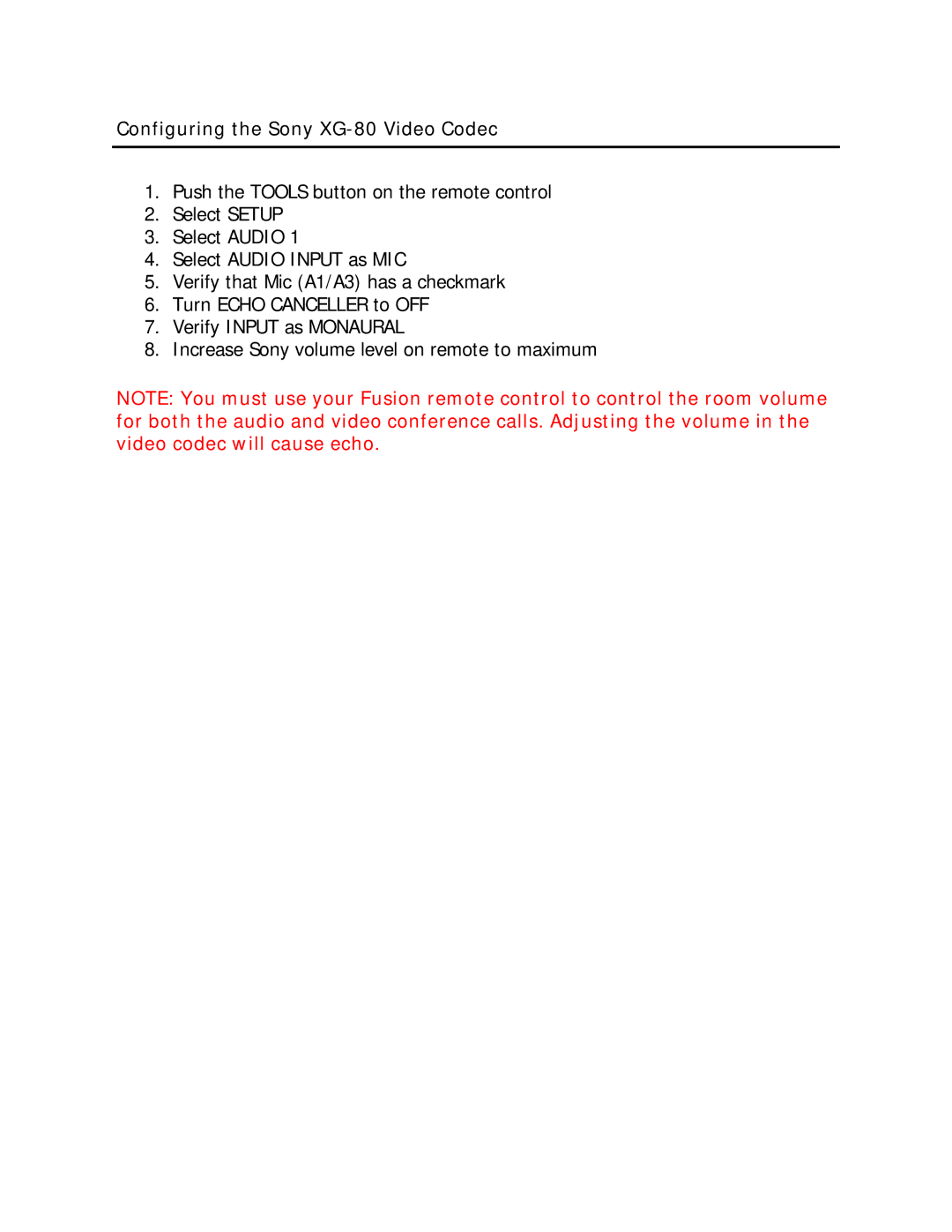 Revolabs setup guide Configuring the Sony XG-80 Video Codec 