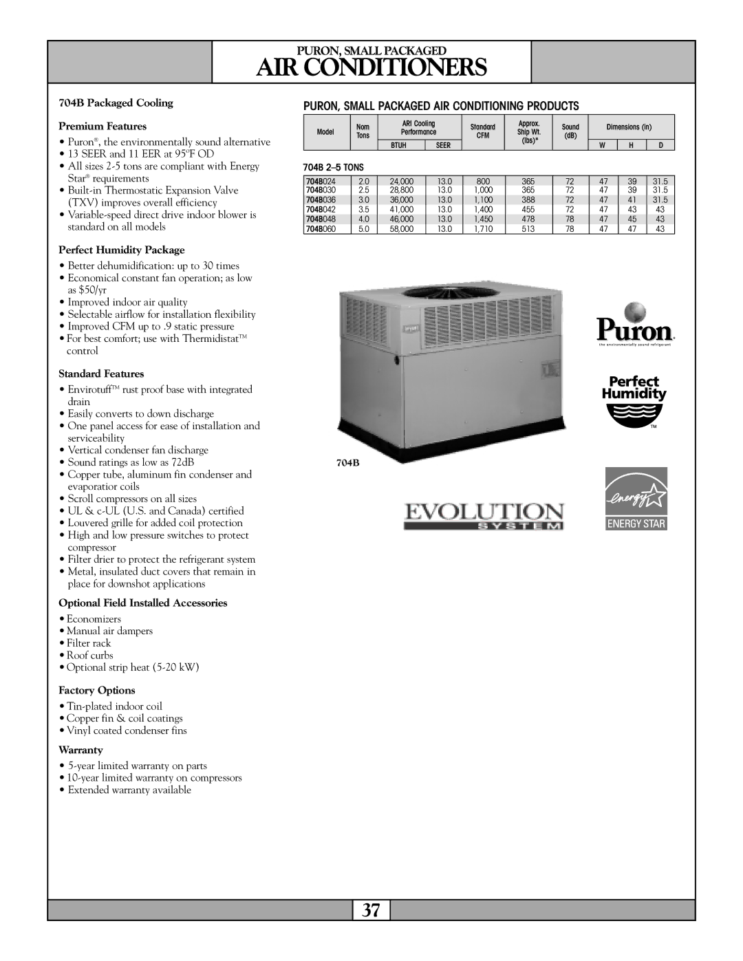 Revolutionary Cooling Systems 704B060, 704B042 warranty AIR Conditioners, PURON, Small Packaged AIR Conditioning Products 