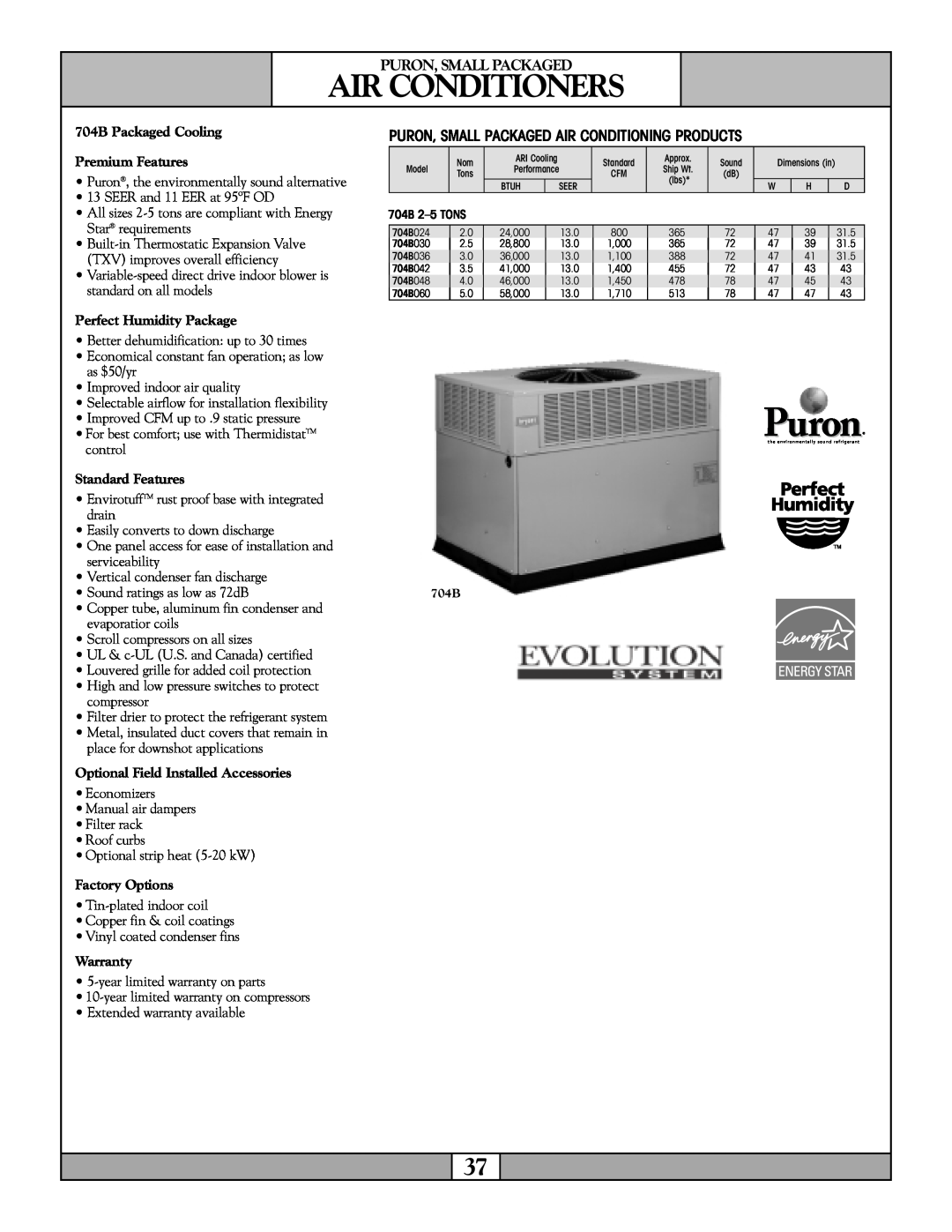 Revolutionary Cooling Systems 704B060 warranty Air Conditioners, Puron, Small Packaged, Perfect Humidity Package, Warranty 