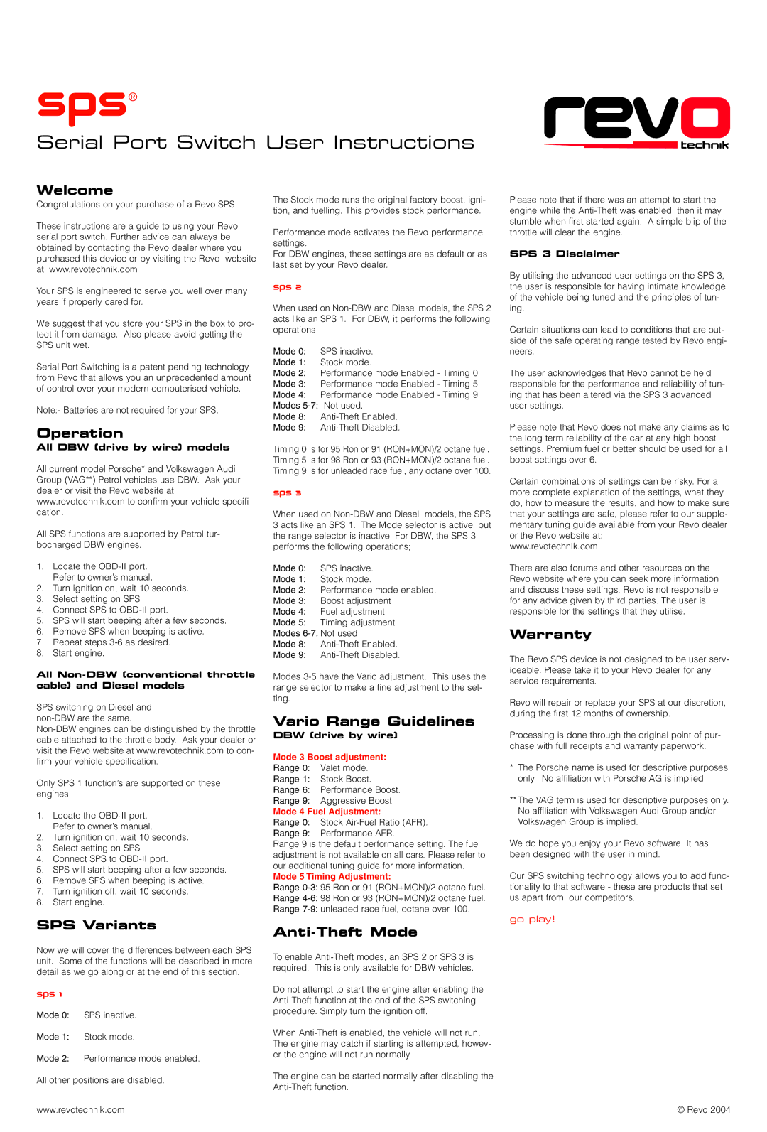 Revotech Industries sps manual Welcome, Operation, SPS Variants, Vario Range Guidelines, Anti-Theft Mode, Warranty 