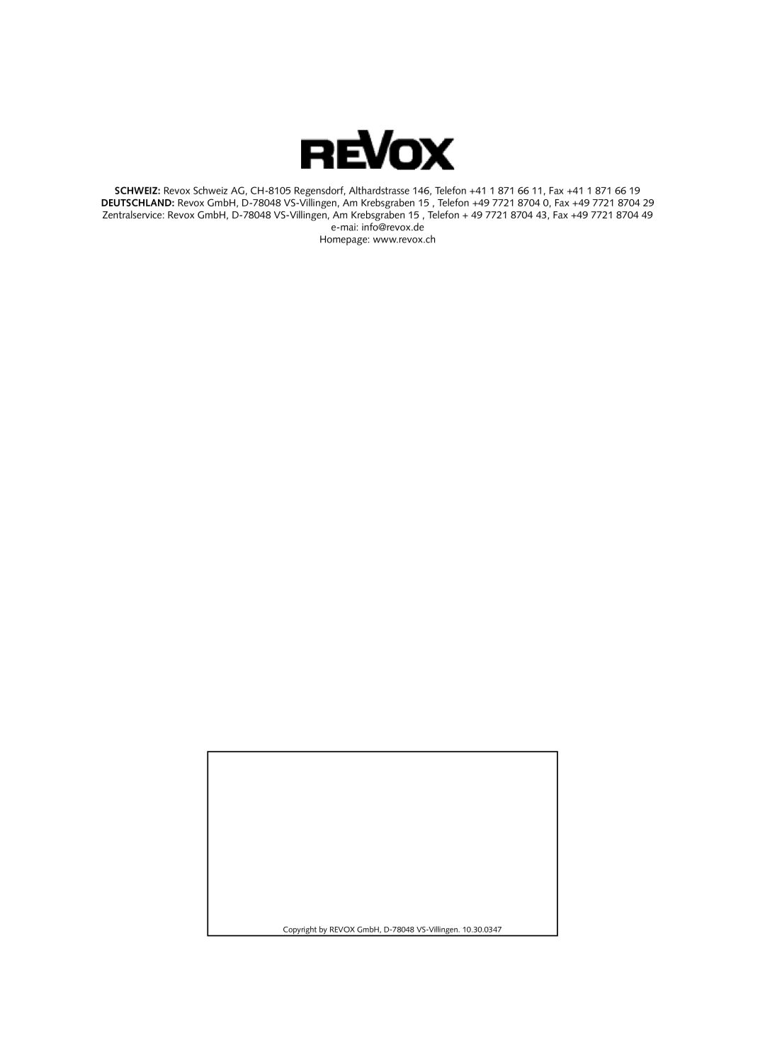 Revox Digital LS manual Copyright by Revox GmbH, D-78048 VS-Villingen 