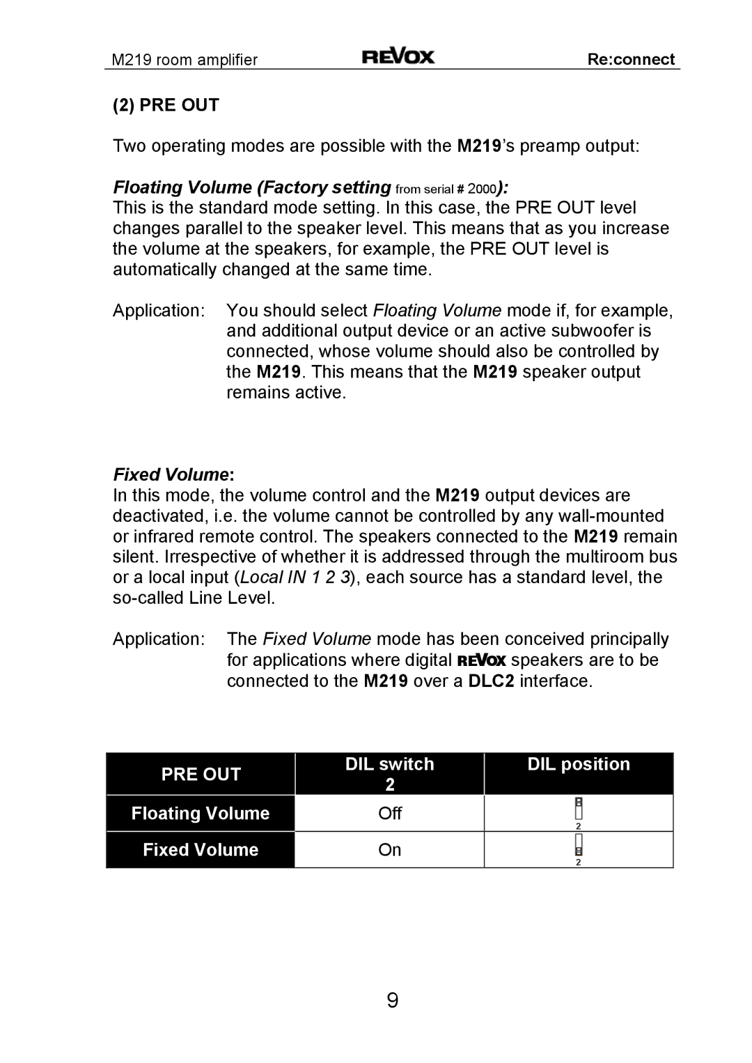 Revox M 219 manual Floating Volume Factory setting from serial #, DIL switch DIL position Floating Volume Off Fixed Volume 