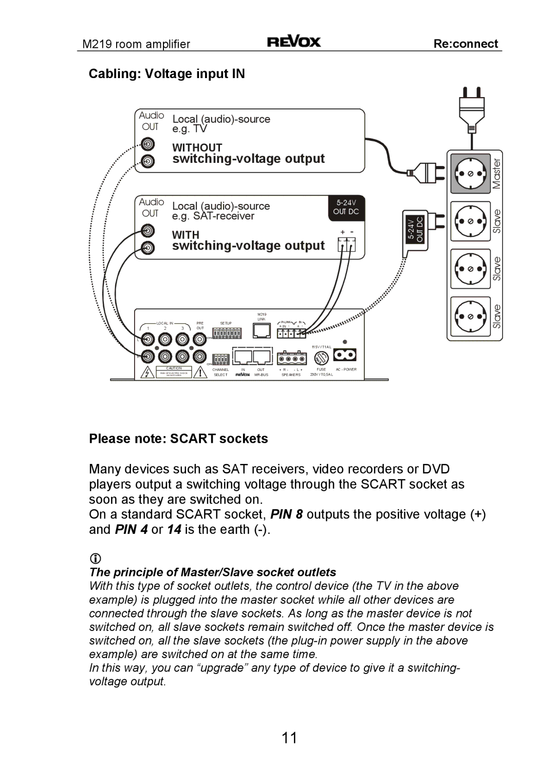 Revox M 219 manual Cabling Voltage input, Please note Scart sockets 