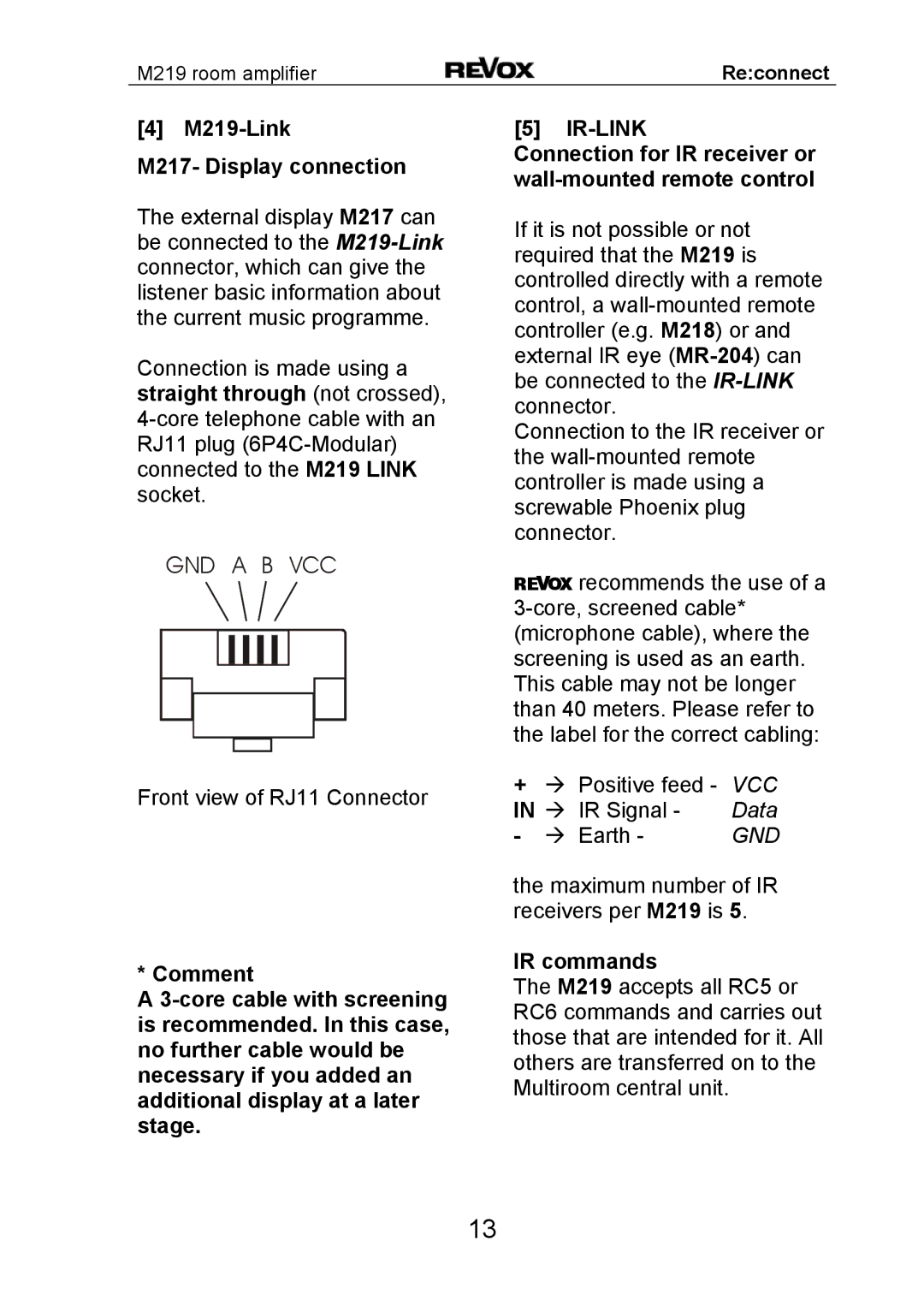 Revox M 219 M219-Link M217- Display connection, Connection for IR receiver or wall-mounted remote control, IR commands 