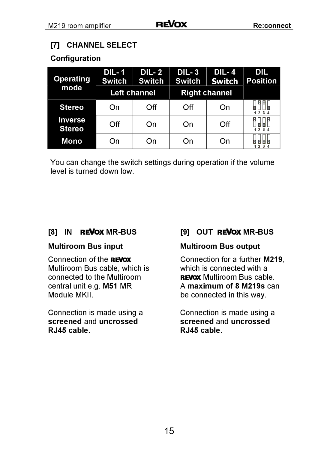 Revox M 219 manual Operating DIL, Switch, Position Mode Left channel Right channel Stereo Off Inverse, Mono 