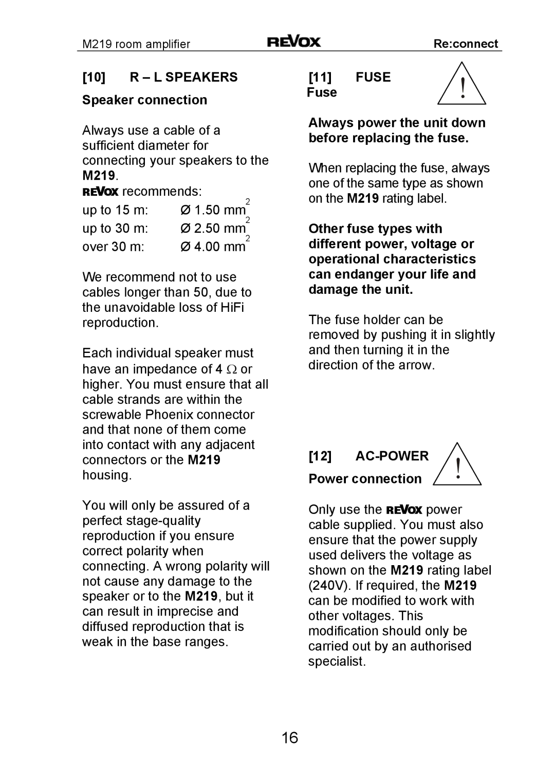 Revox M 219 manual Speaker connection, Fuse Always power the unit down before replacing the fuse, AC-POWER Power connection 