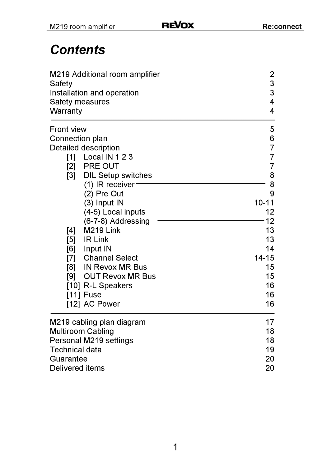 Revox M 219 manual Contents 