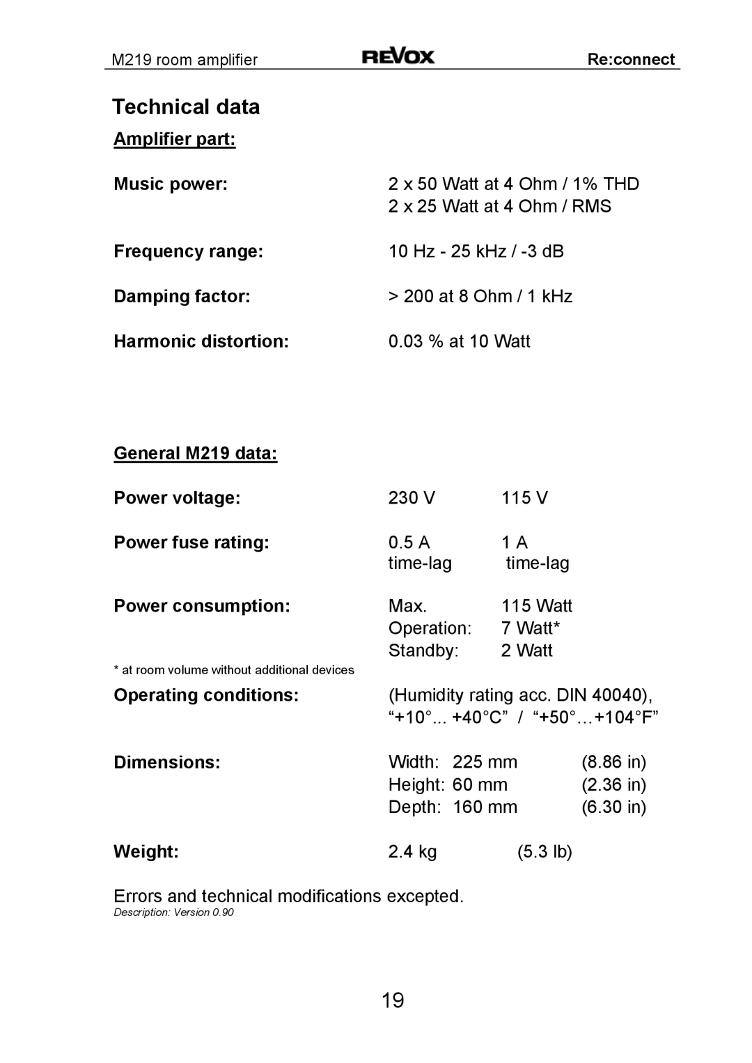 Revox M 219 manual Technical data 