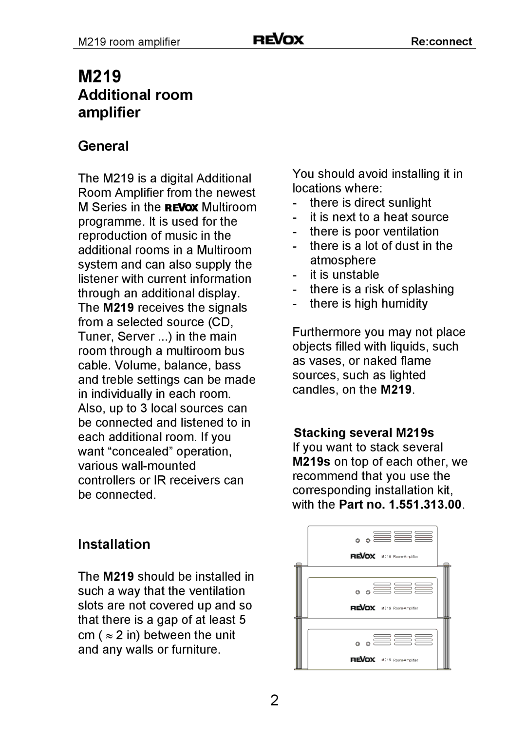 Revox M 219 manual Additional room amplifier, General, Installation 