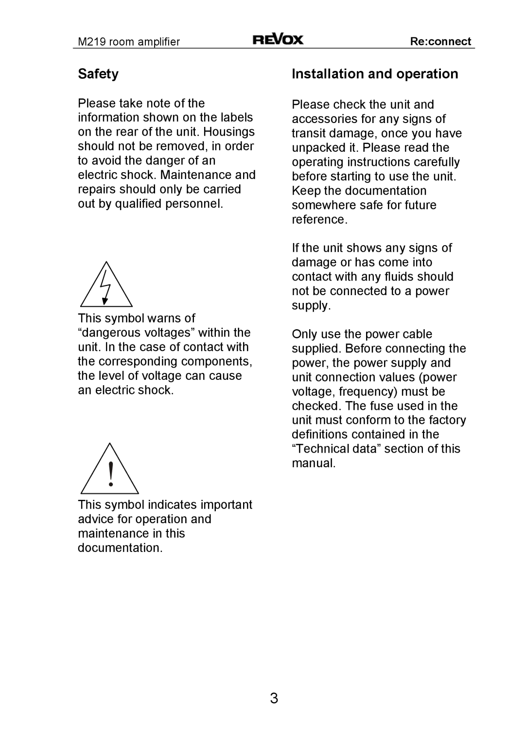 Revox M 219 manual Safety, Installation and operation 