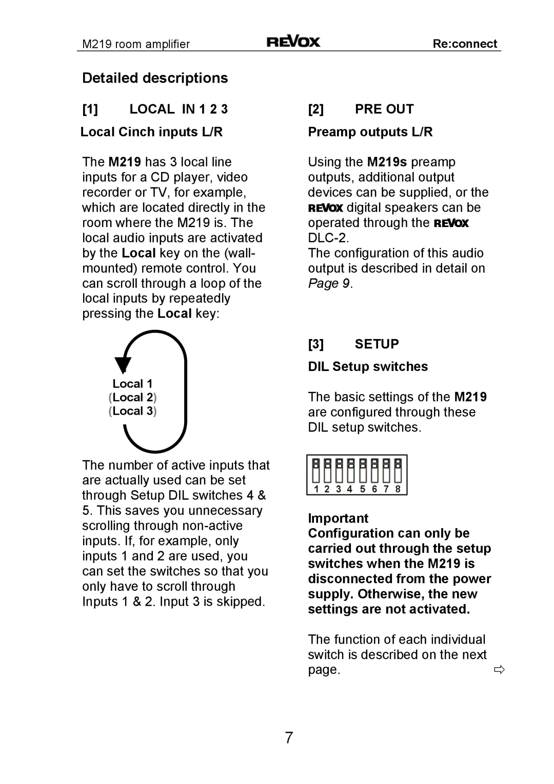 Revox M 219 manual Detailed descriptions, Local in 1 2 3 Local Cinch inputs L/R, Preamp outputs L/R, DIL Setup switches 